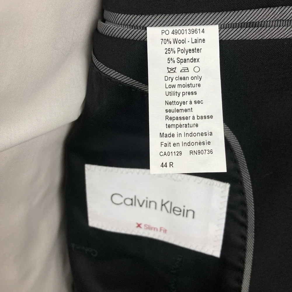 Calvin‎ Klein Mens Slim-fit Suit Jacket Blazer 44R Black Solid Stretch E06798